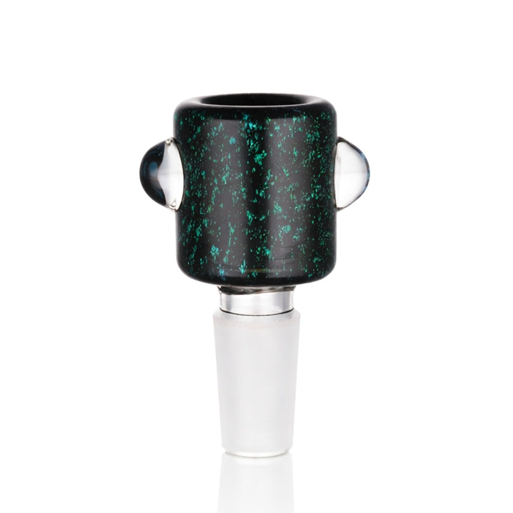 Front view of BW The Viper Glass Cone Piece 14mm Male Bowl in Dichroic Speck on white background, vibrant glass design