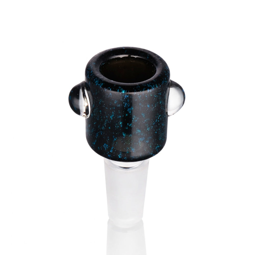 Top view of Dichroic Speck 14mm Male Glass Bowl, BW The Viper Cone Piece, displayed on clean white background for clarity