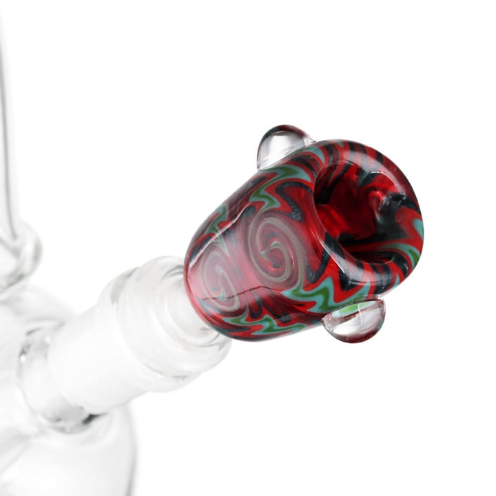 Side view of BW The Wave Glass Cone Piece 14mm Male Bowl in Red on white background, showcasing wave-inspired glass shape