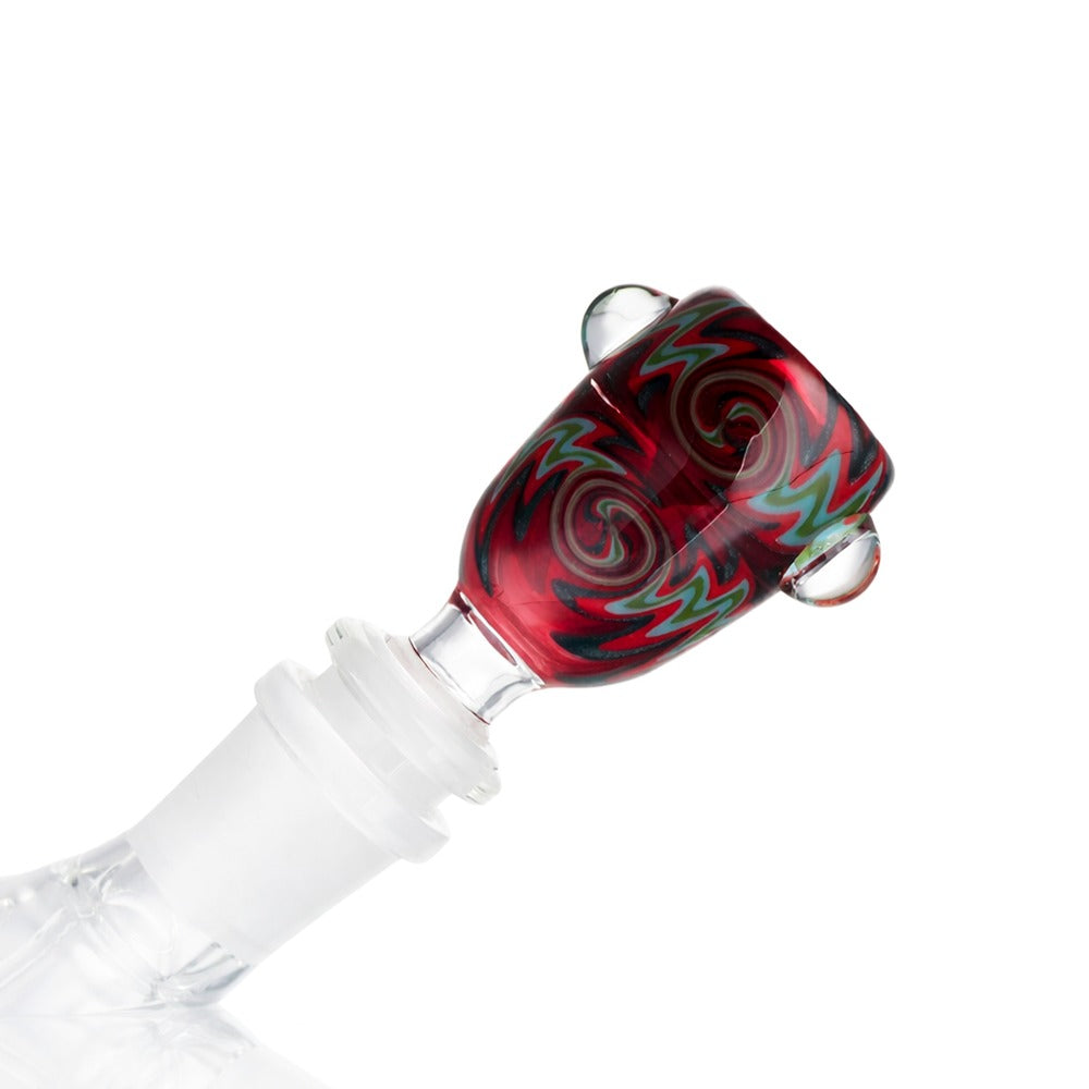 Angled view of BW The Wave Glass Cone Piece 14mm Male Bowl in Red on white background, clean studio product shot