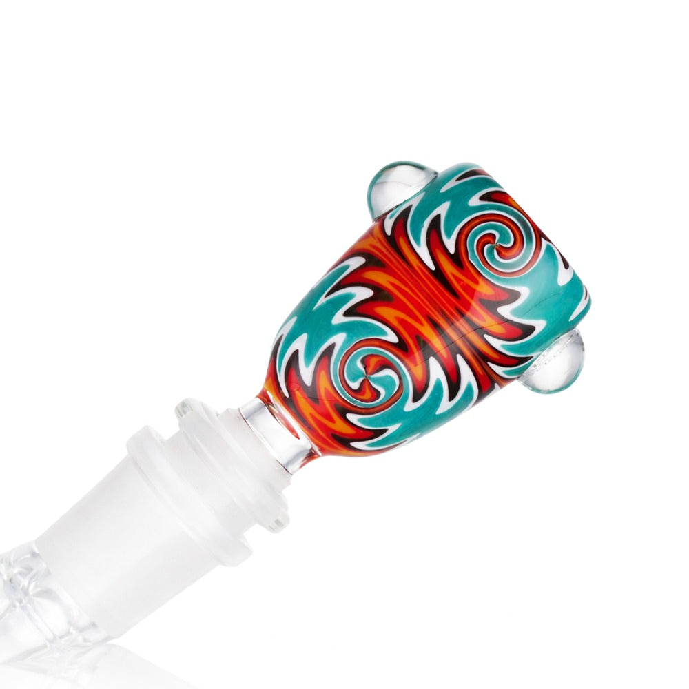 Side view of BW The Wave Glass Cone Piece 14mm Male Bowl in Turquoise on white background, showcasing wave-inspired glass shape