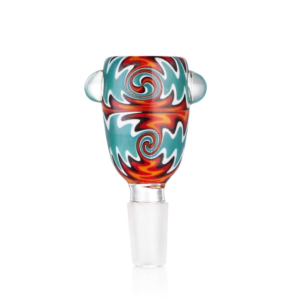 Front view of BW The Wave Glass Cone Piece 14mm Male Bowl in Turquoise on white background, smooth durable glass design