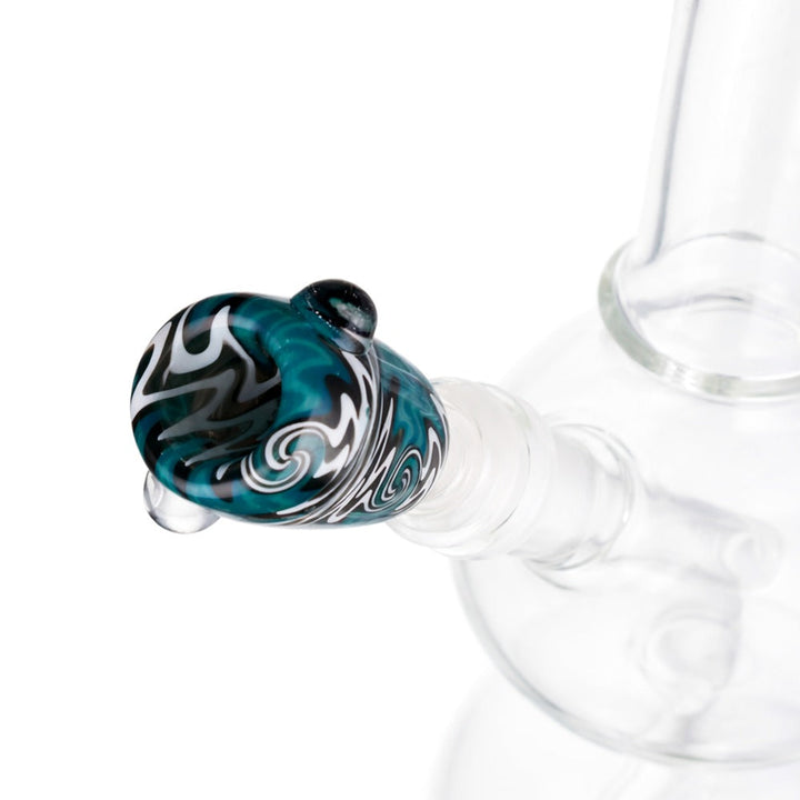 Side view of BW Wave Glass Cone Piece 14mm Male Bowl in Blue on white background, showing sleek wave-inspired glass shape
