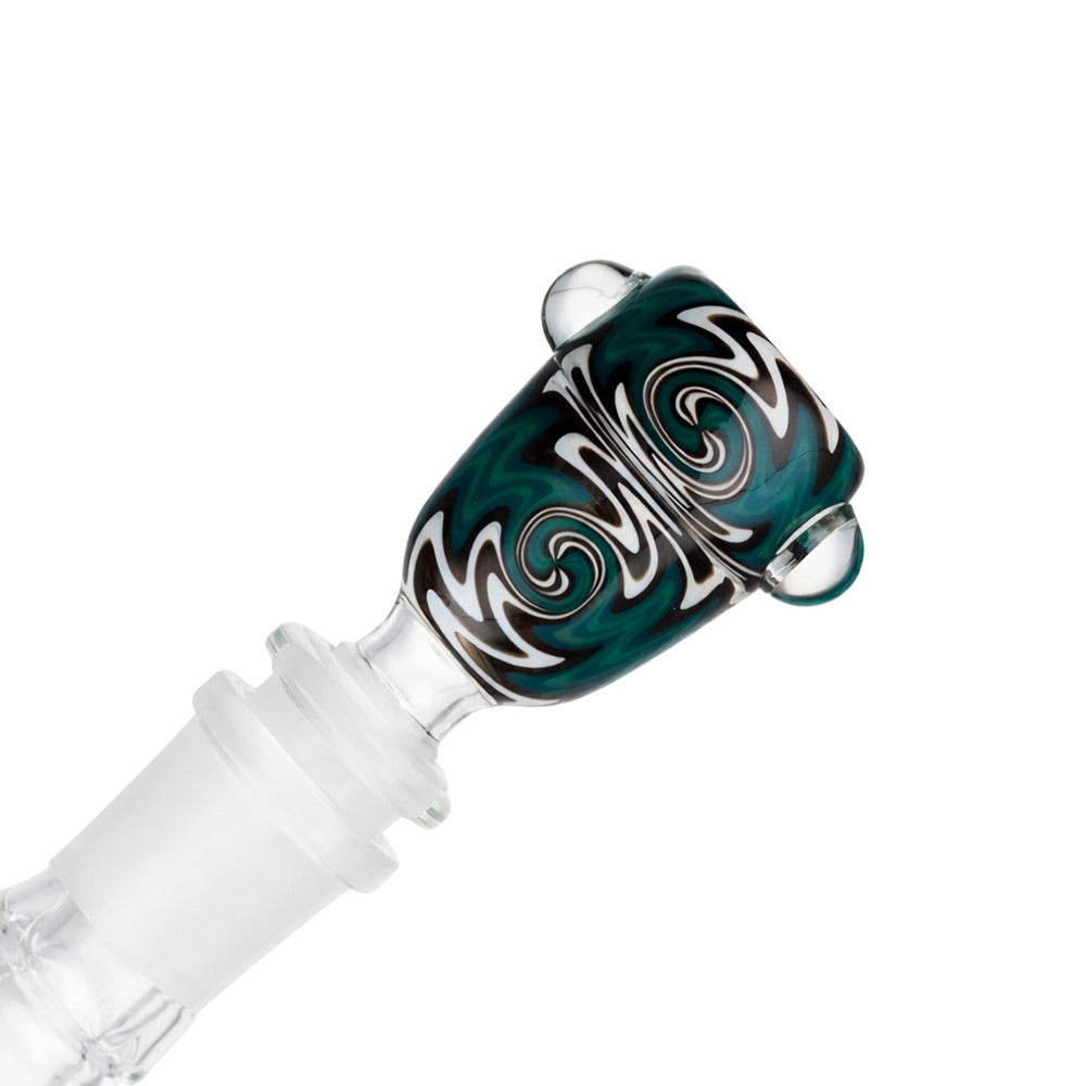 Angled view of BW Wave Glass Cone Piece 14mm Male Bowl in Blue on white background, clean studio product shot