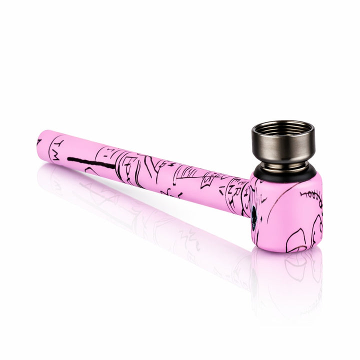 BW - Weed Pipe - 8.5cm Medium - Pink pipe with black designs on a white background