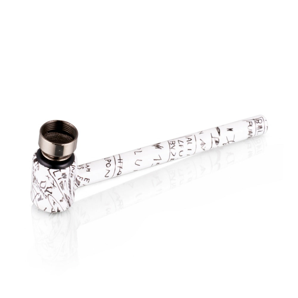 BW - Weed Pipe - 8.5cm Medium - White pipe with text design on a white background