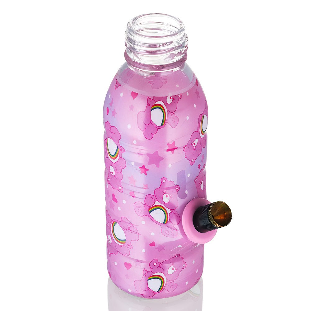 BW Mini Bottle 17.5cm Glass Bong - Care Bears Pink with cartoon design on a top angled view