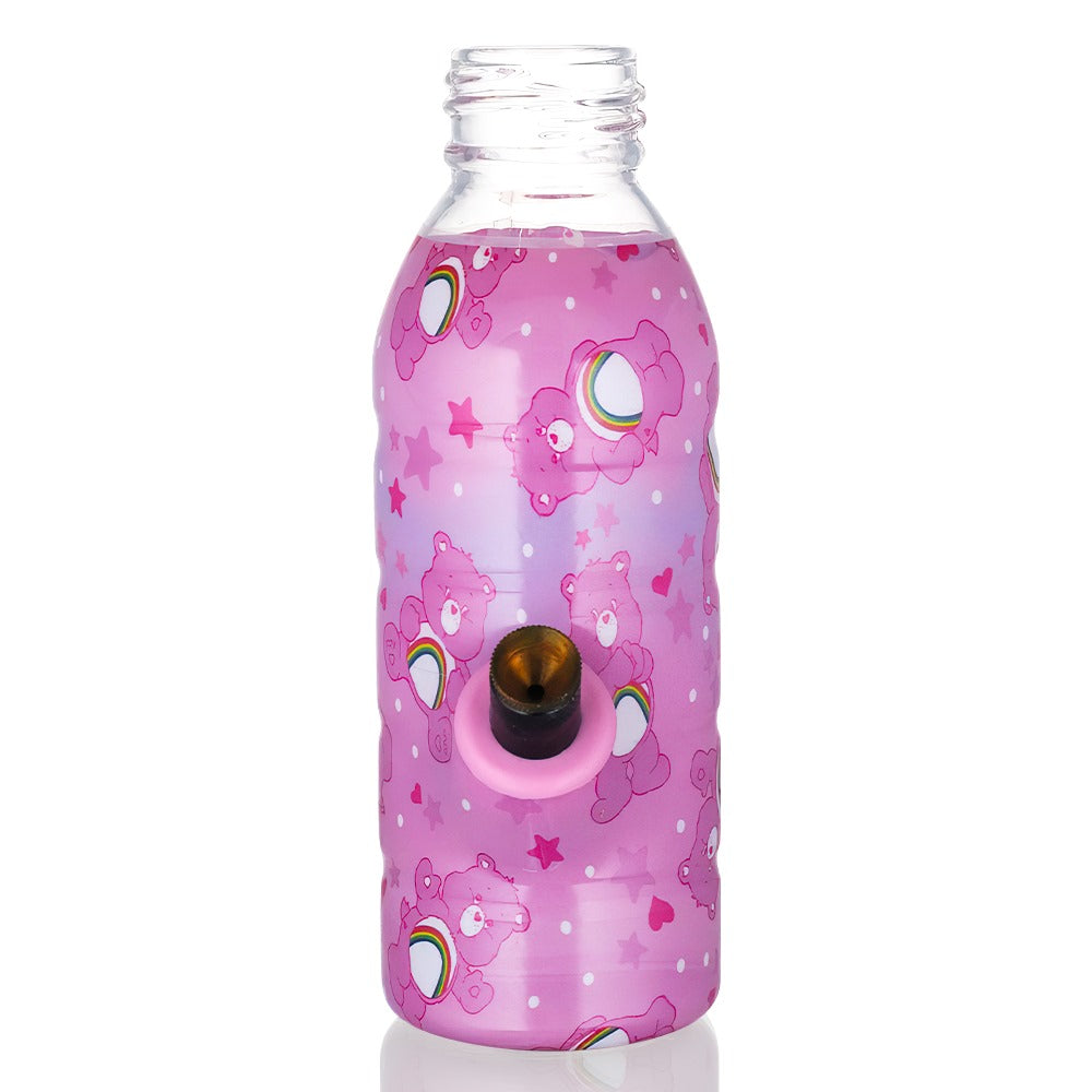 BW Mini Bottle 17.5cm Glass Bong - Care Bears Pink with black down stem and cone piece Full Front View on a white background
