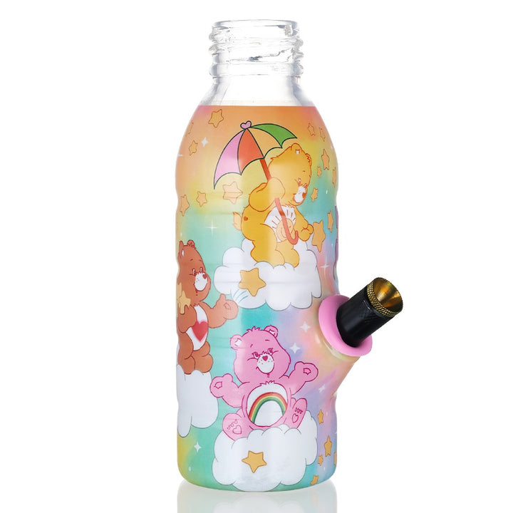 BW Mini Bottle 17.5cm Glass Bong  Care Bears Rainbow Dye with Black down stem on a white background