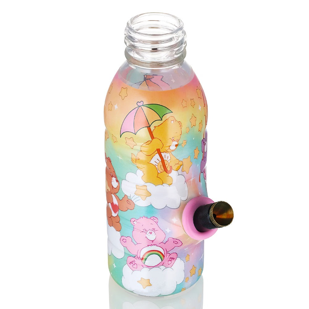 BW Mini Bottle 17.5cm Glass Bong  Care Bears Rainbow Dye with black down stem on a top angled view