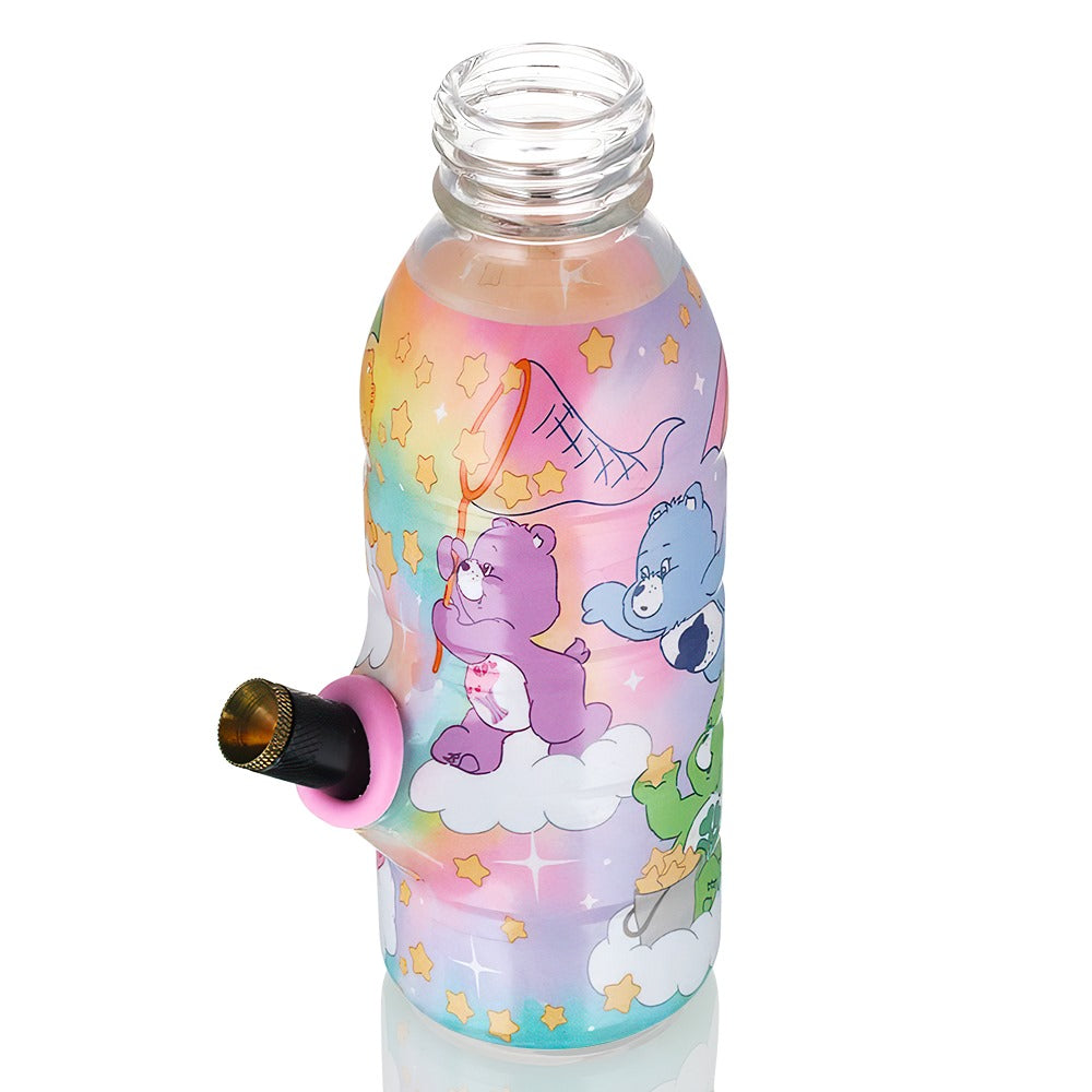 BW Mini Bottle 17.5cm Glass Bong  Care Bears Rainbow Dye on a top side angled view