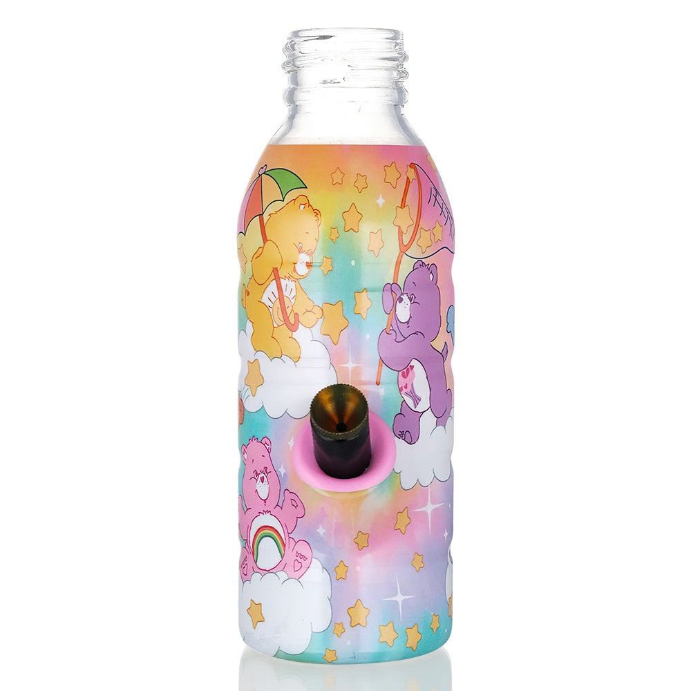 BW Mini Bottle 17.5cm Glass Bong  Care Bears Rainbow Dye on a full front view featuring black down stem and cone piece.