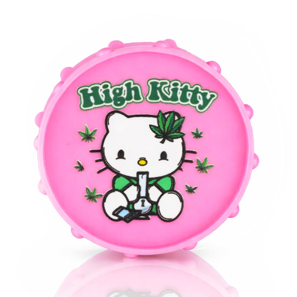 BW Plastic Weed Grinder Round 70mm - Pink High Kitty with 'High Kitty' design featuring a cartoon cat holding a joint on a white background.