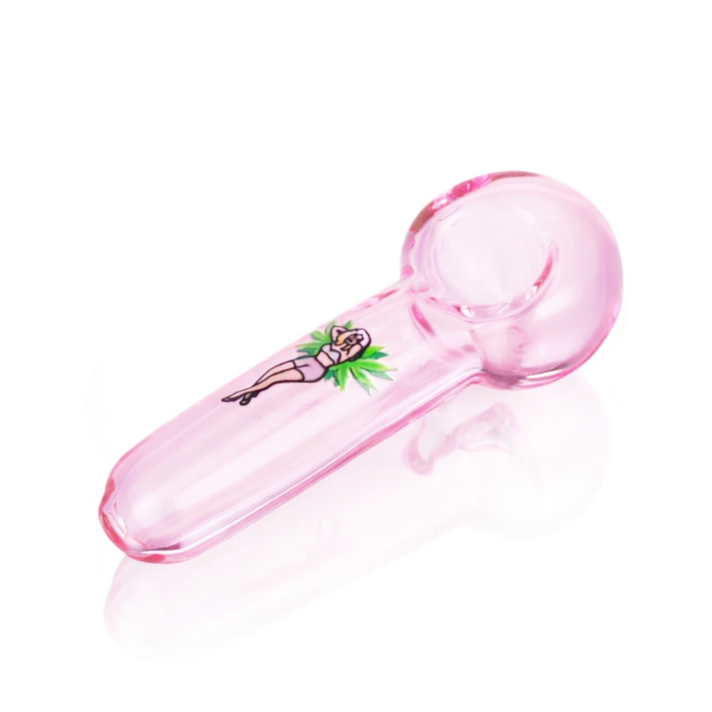 Side view of Baked Bunny Glass Pipe in Pink on white background, showcasing curved ergonomic glass form