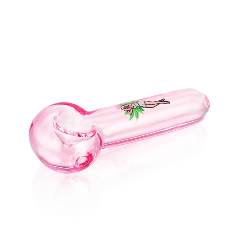 Close-up view of Baked Bunny Glass Pipe in Pink on white background, emphasizing fine glass craftsmanship and detail