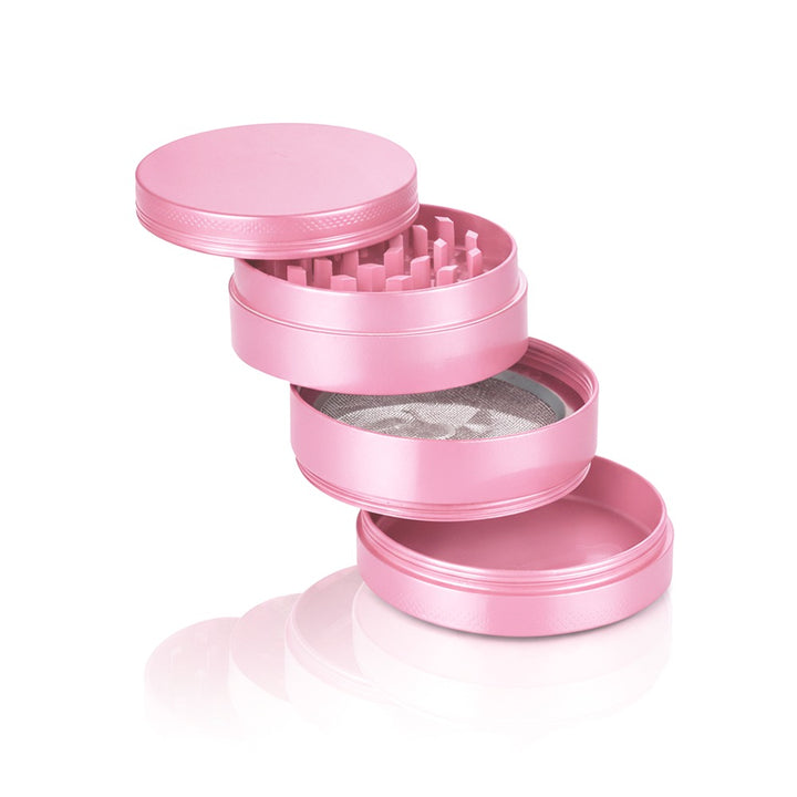 Bong Warehouse Manual Weed Grinder Pink Round Metal Grinder Product Photo Sharp Teeth Ceramic Coating Colour Paint Open Layers Tiered Steps Pink Colour