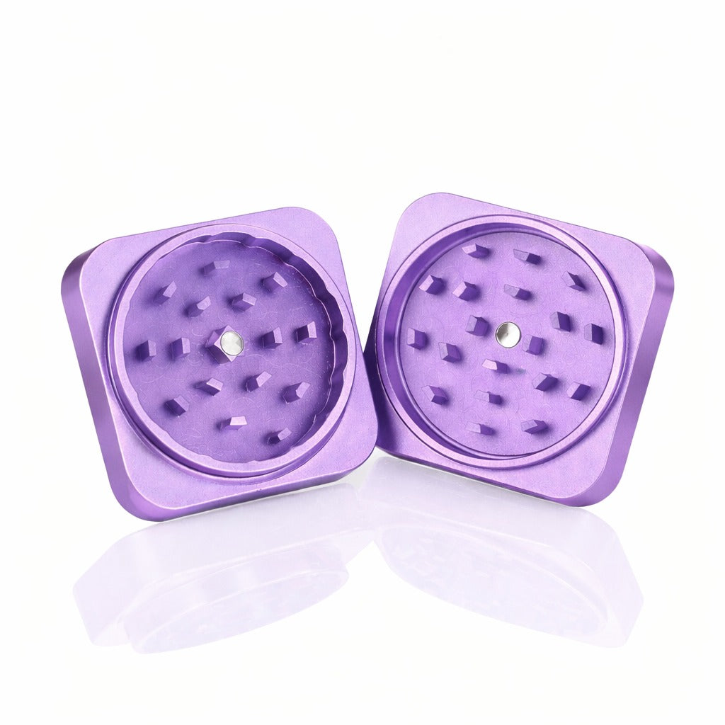 Bong Warehouse Manual Weed Grinder Purple Square Metal Grinder Product Photo Sharp Teeth Anodized Coating Purple Colour CNC with Magnet Open Photo Displaying internal Surface with teeth