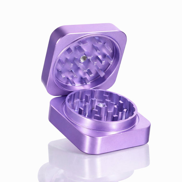 Bong Warehouse Manual Weed Grinder Purple Square Metal Grinder Open display Anodized Purple Colour CNC Aluminium Weed Grinder Perfect Product Photo Displaying Smooth External Surface and Sharp Teeth