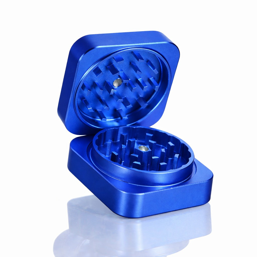 Bong Warehouse Manual Weed Grinder Royal Blue Square Metal Grinder Open display Anodized Blue Colour CNC Aluminium Weed Grinder Perfect Product Photo Displaying Smooth External Surface