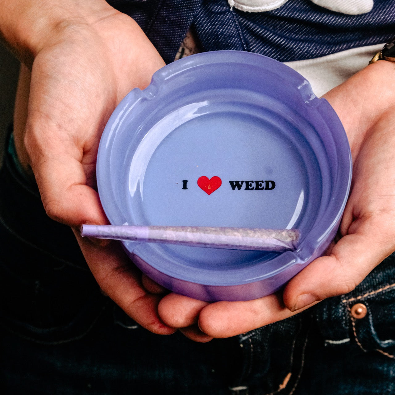 Bong Warehouse Purple  I Love Weed Ashtray and rolled joint