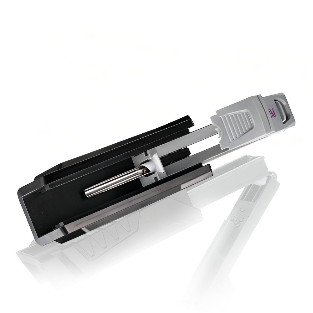 Black and silver electronic device on a white background