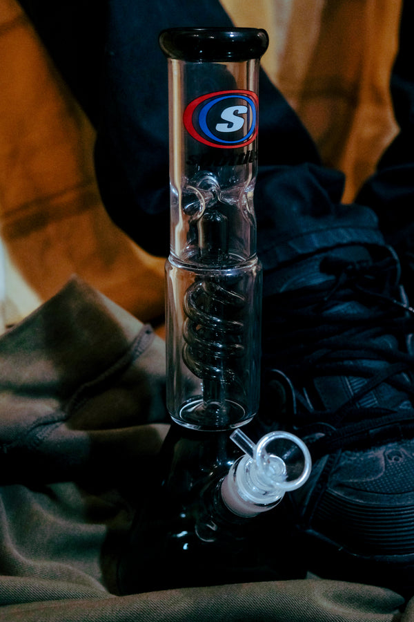 Shotties™ - 30cm Spiral Perk Glass Beaker Bong in Clear and Smokey Glass from Bong Warehouse with glass bowl & stem