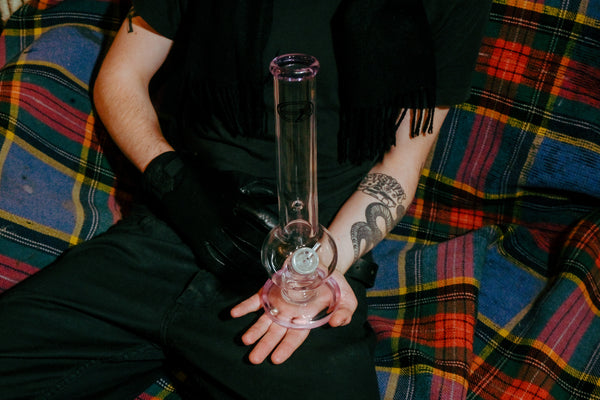 Shotties™ - 33cm Glass Bent Bubble Bong in Clear and Pink from Bong Warehouse on palm - Up Close