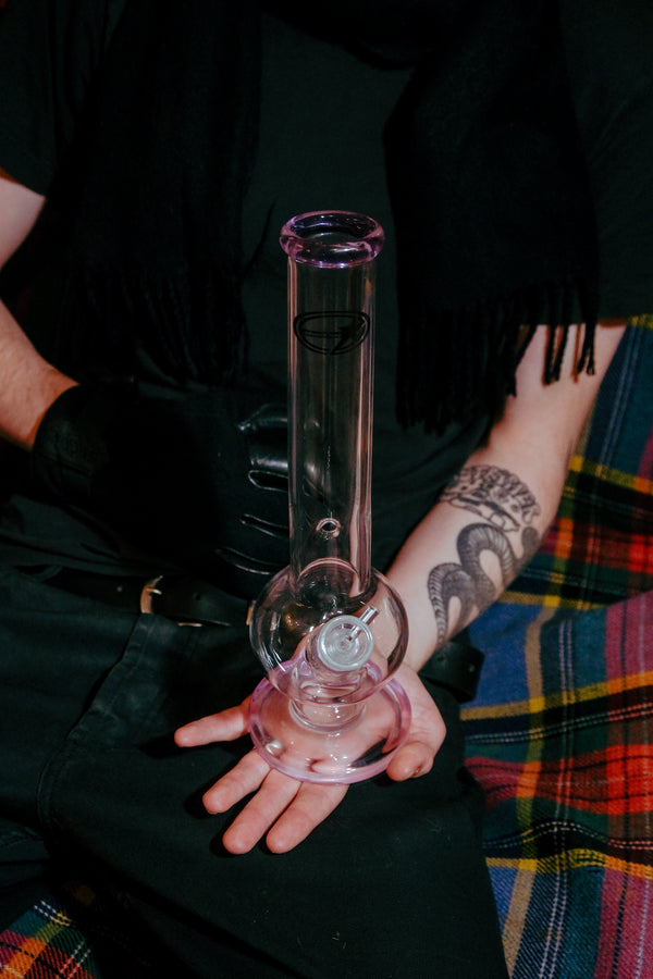 Shotties™ - 33cm Glass Bent Bubble Bong in Clear and Pink from Bong Warehouse on palm