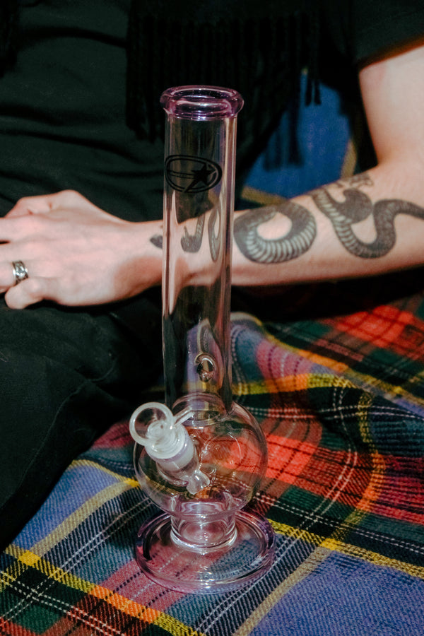 Shotties™ - 33cm Glass Bent Bubble Bong in Clear and Pink from Bong Warehouse with glass bowl and stem