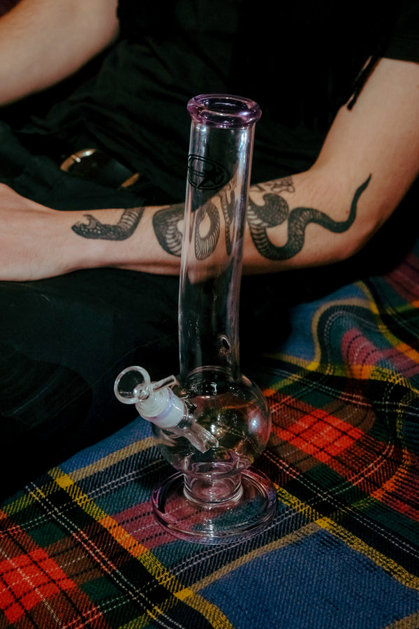Shotties™ - 33cm Glass Bent Bubble Bong in Clear and Pink from Bong Warehouse with glass bowl and stem