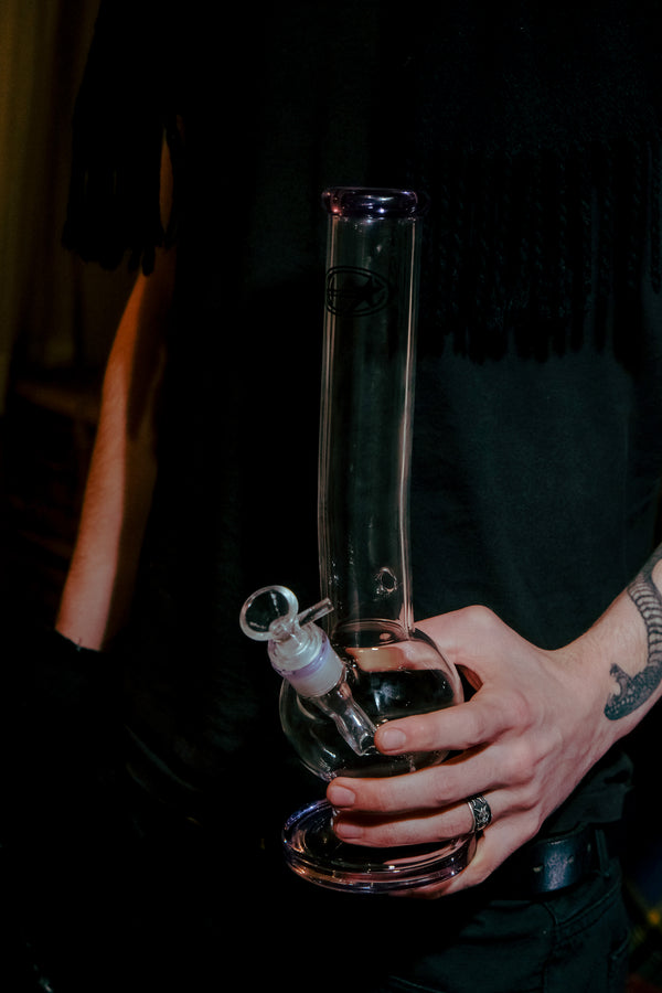 Shotties™ - 33cm Glass Bent Bubble Bong in Clear and Purple glass from Bong Warehouse with glass bowl and stem