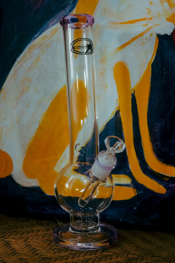 Shotties™ - 33cm Glass Bent Bubble Bong in Clear and Purple Glass from Bong Warehouse on display