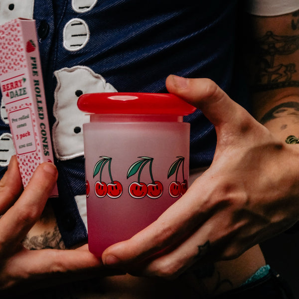 Bong Warehouse Stash Jar in Cherries Pink and Berry Daze pre rolled cones