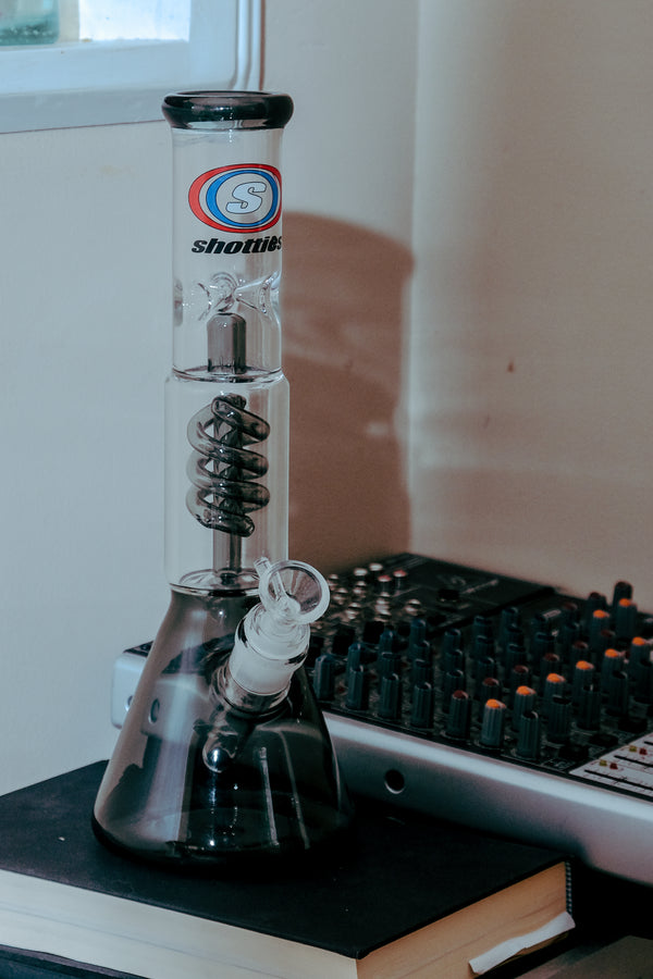 Shotties™ Tall Beaker Bong 30cm Single Percolator in Clear and Smokey Glass from Bong Warehouse with glass bowl and stem