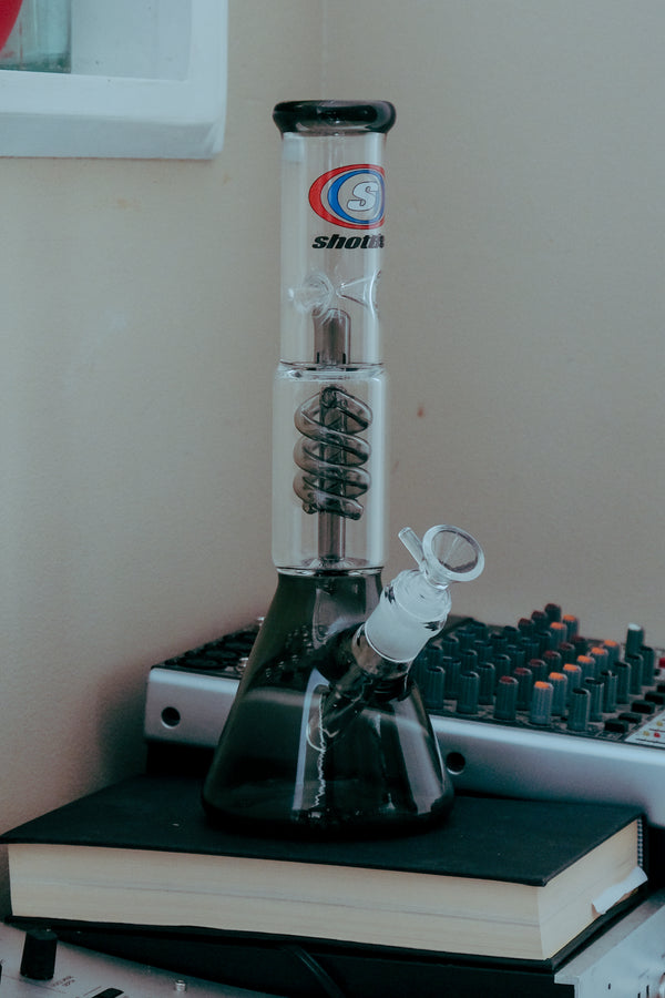 Shotties™ Tall Beaker Bong 30cm Single Percolator in Clear and Smokey Glass from Bong Warehouse - Side View