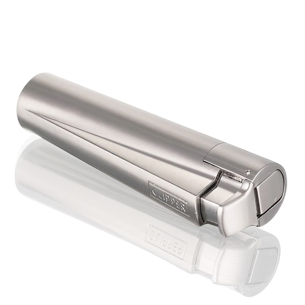 Clipper Metal Refillable Lighter Large in Silver - Laid Down View
