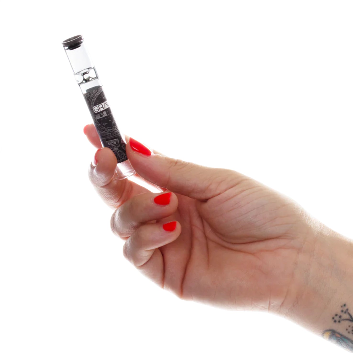 GRAV -  Glass Taster 12mm  - One Hitter Weed Pipe - Clear held by a model on a white background