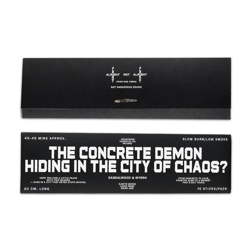 The Concrete Demon long stick incense by Alright Not Alright - sandalwood and myrrh, 20cm sticks, hiding in the city of chaos