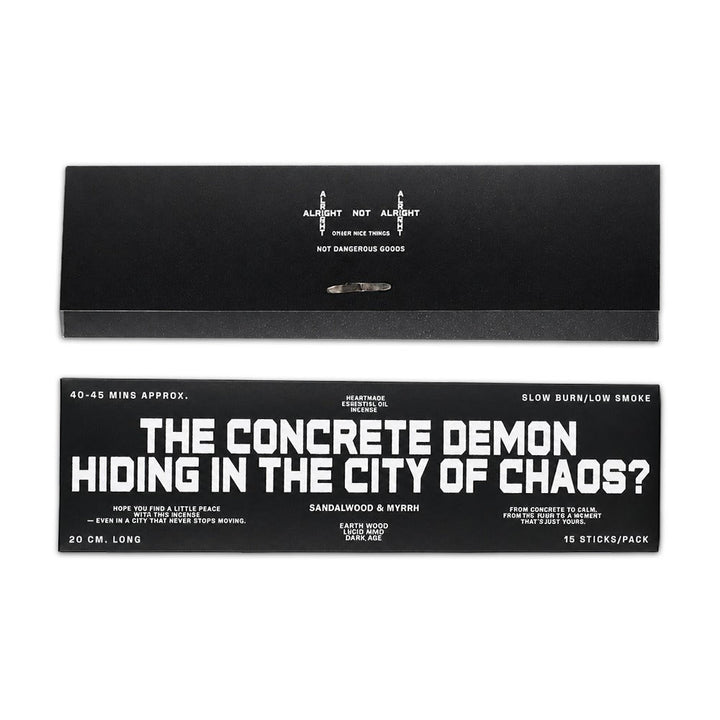 The Concrete Demon long stick incense by Alright Not Alright - sandalwood and myrrh, 20cm sticks, hiding in the city of chaos