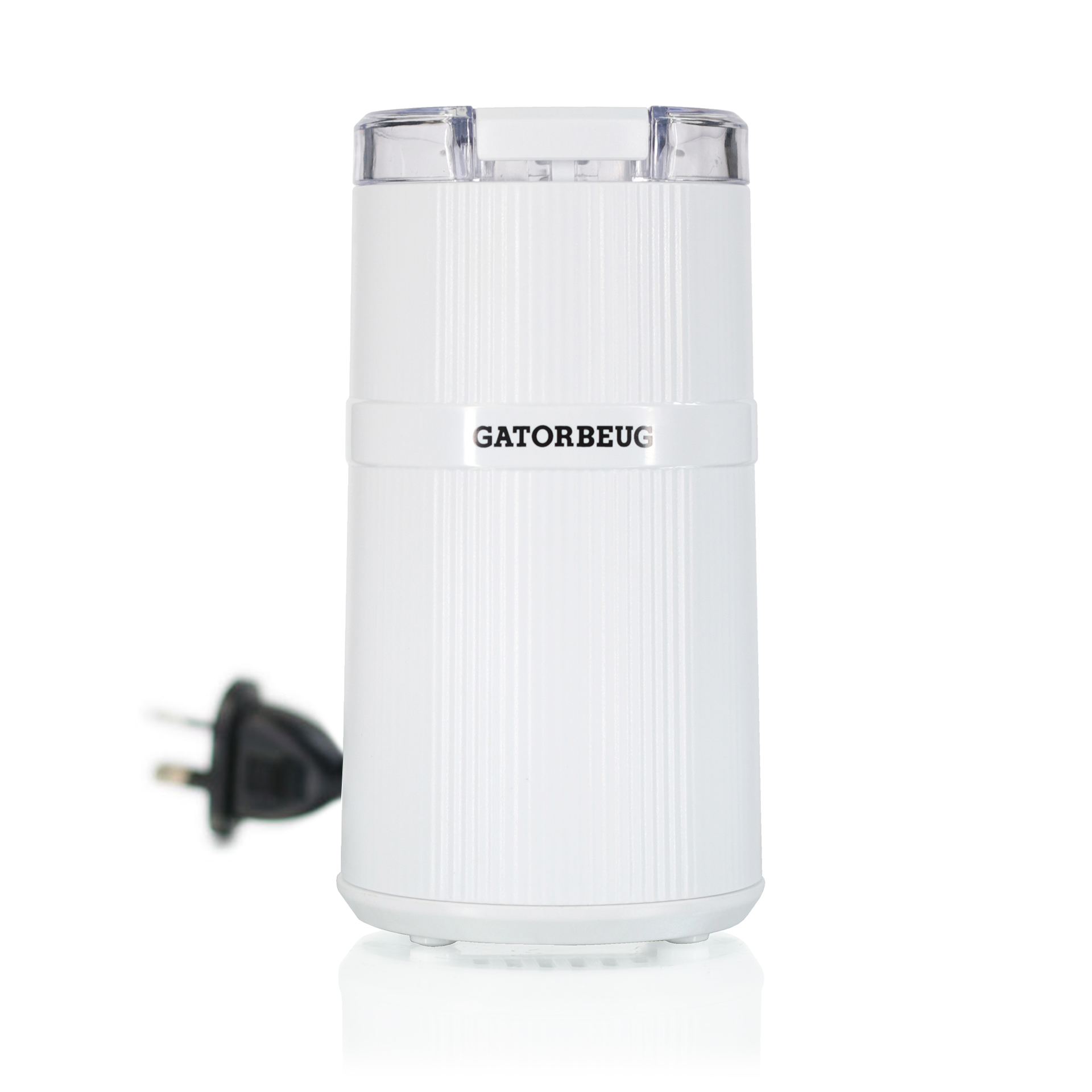 Gatorbeug Compact Electric Weed and Herb Grinder - White on a full front view featuring Gatorbeug Logo