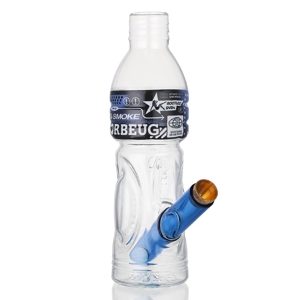 Gatorbeug G2 Mini Glass Bottle Bong 18.5cm  on Full Side view featuring blue down stem and gold color cone on a white background.