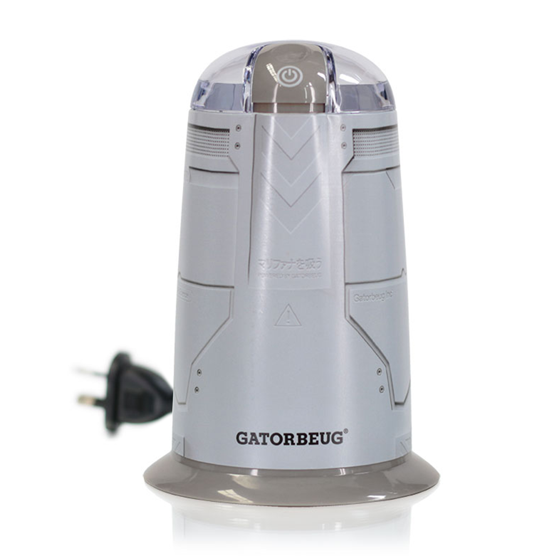 Gatorbeug Mech Muzz Electric Weed and Herb Grinder - White electric weed and herb grinder with a white body and a clear lid, featuring the Gatorbeug brand name.