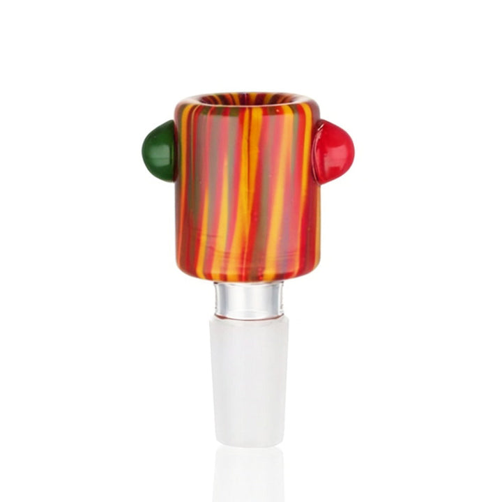 BW Glass Cone Piece Bowl 14mm Male - red orange yellow striped cylindrical design with green and red glass ball handles on white background