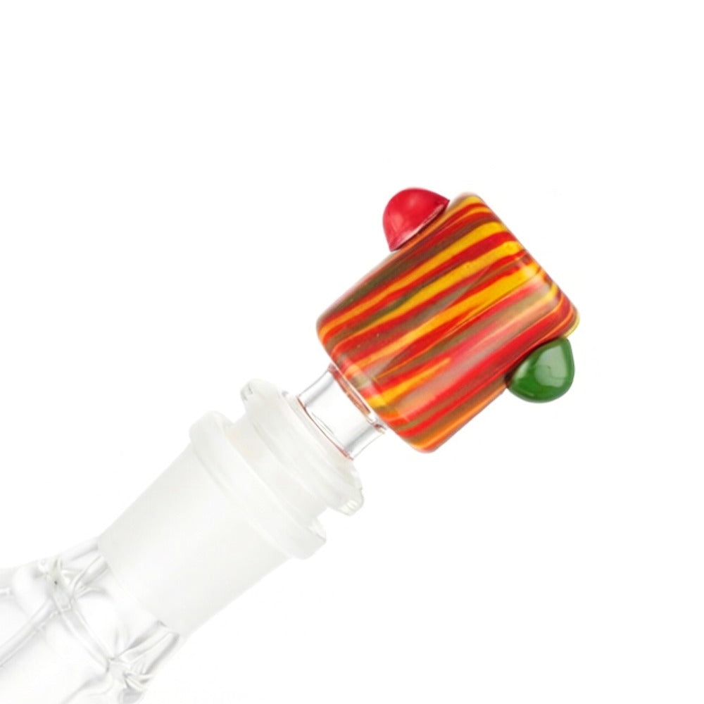 BW Glass Cone Piece Bowl 14mm Male - top down view of red orange yellow striped cylindrical bowl with dual glass ball handles on white background