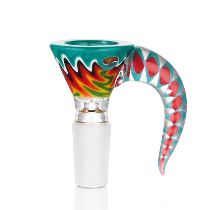 BW Glass Cone Piece Bowl 14mm Male - teal bowl with multicolour flame swirl design and teal red spotted arched horn handle on white background