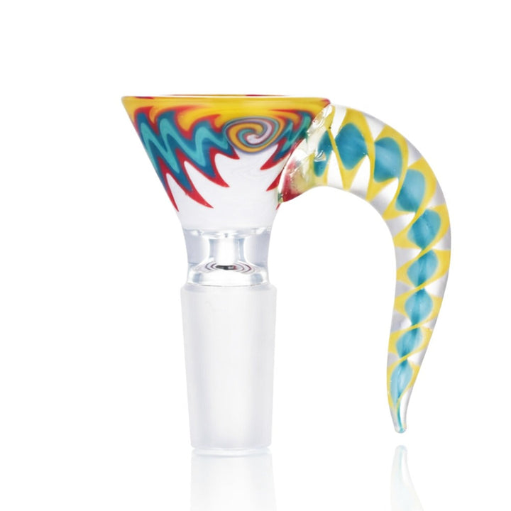 BW Glass Cone Piece Bowl 14mm Male - multicolour swirl design with yellow teal red pattern and spotted curved horn handle on white background