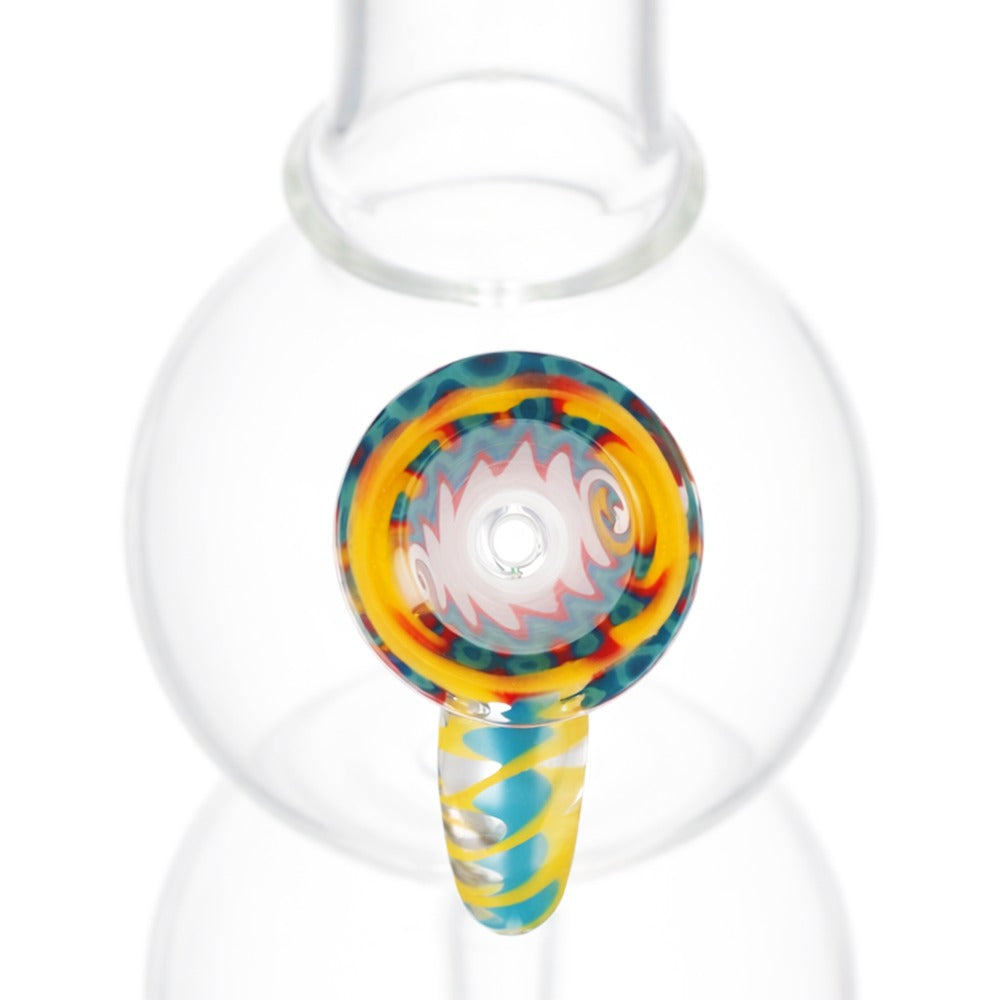 BW Glass Cone Piece Bowl 14mm Male - angled view of multicolour swirl zigzag design with yellow teal and red pattern on white background
