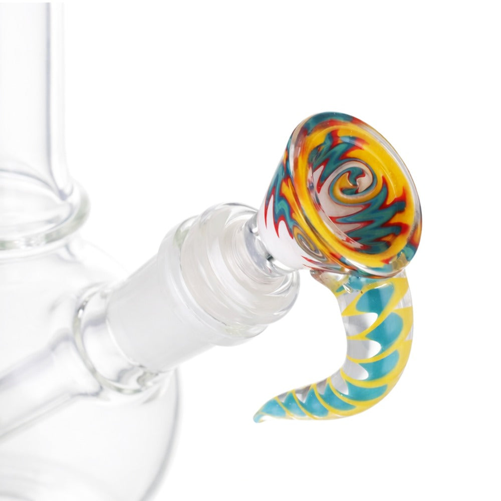 BW Glass Cone Piece Bowl 14mm Male - top view showing bowl interior with multicolour swirl design in yellow teal and red on white background
