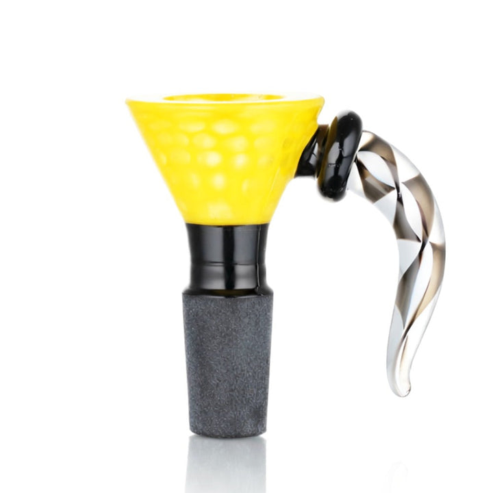 BW Glass Cone Piece Bowl 14mm Male - yellow bowl with black accents and twisted clear glass horn handle on white background