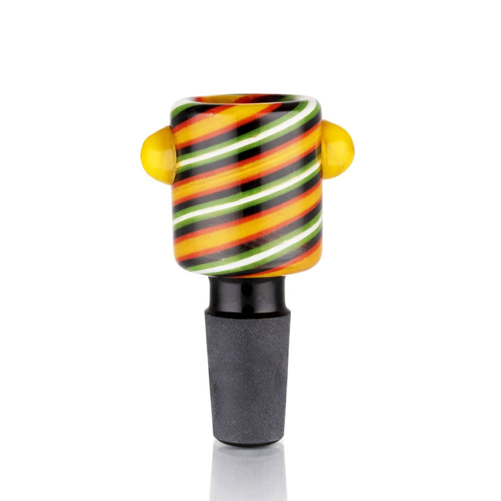 BW Glass Cone Piece Bowl 14mm Male - yellow cylindrical bowl with multicolour diagonal swirl stripes and yellow glass ball handles on white background